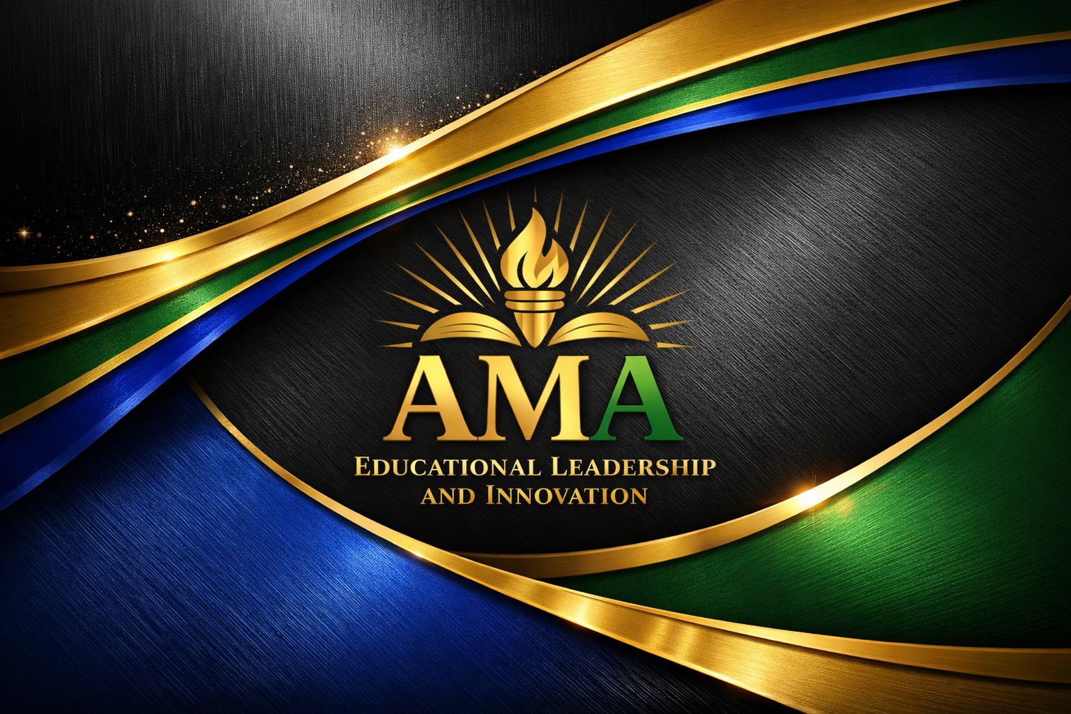 A golden torch rising above an open book with radiating rays, accompanied by the text “AMA Educational Leadership and Innovation,” set against a background of curved blue, green, and gold bands.