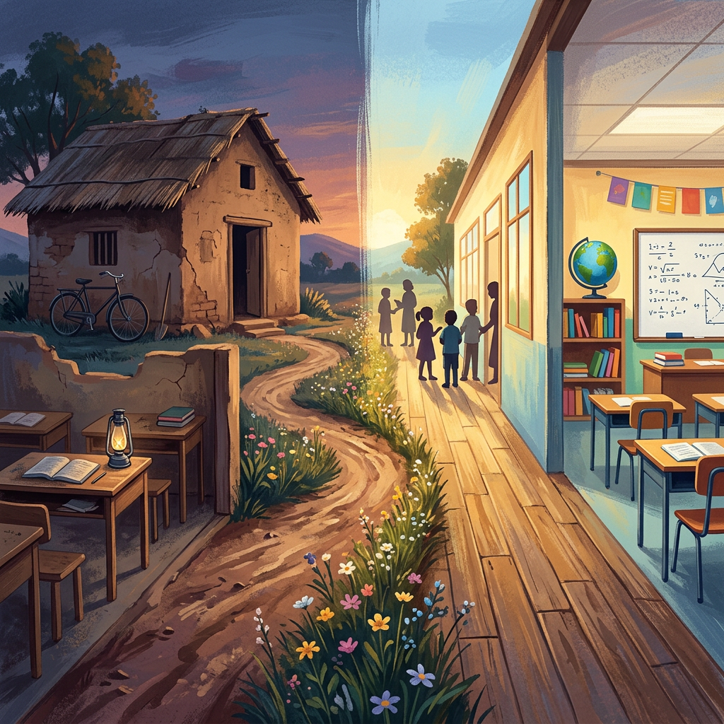 Illustration of children walking from a rural home toward a classroom