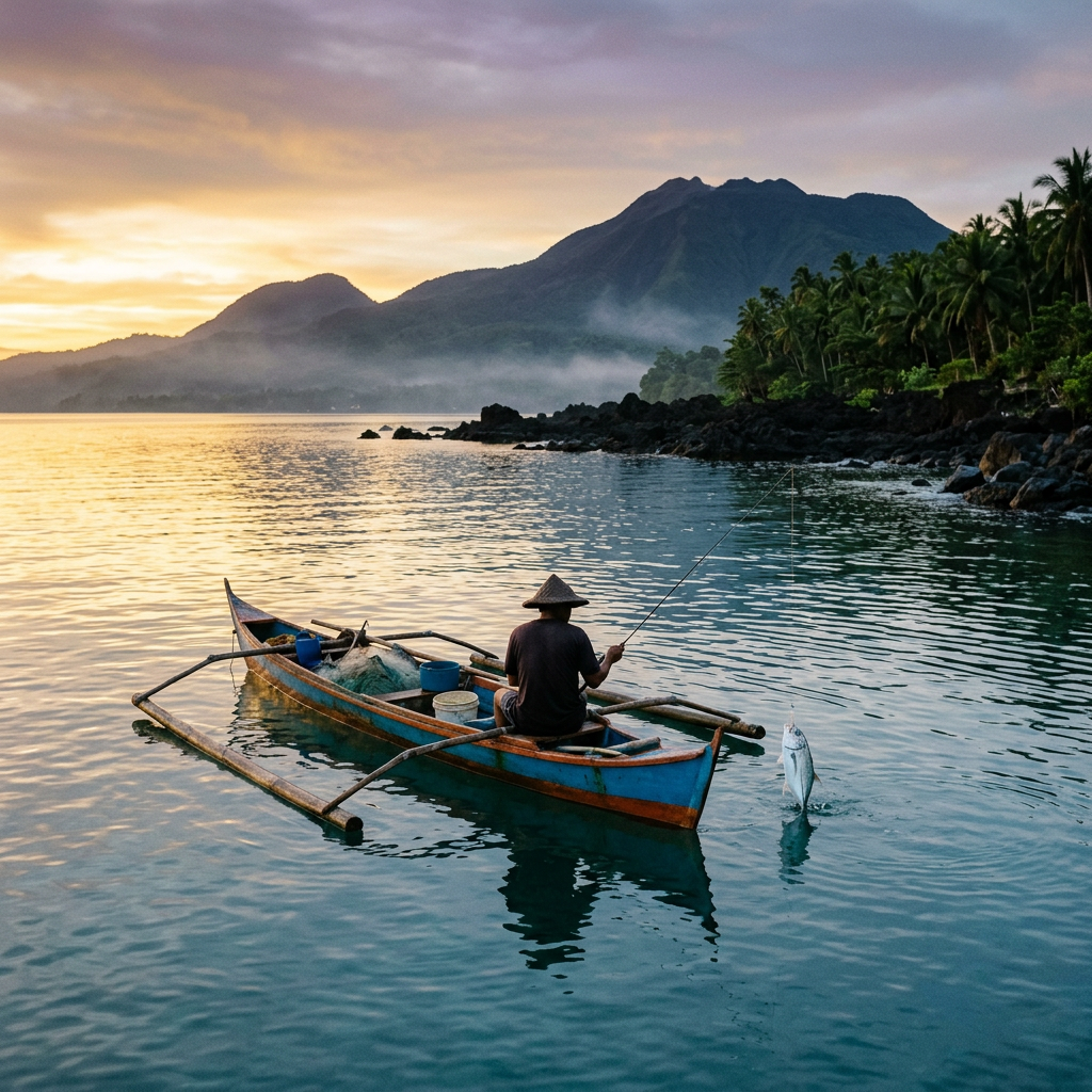 Fisherman in an outrigger boat holding a freshly caught fish
